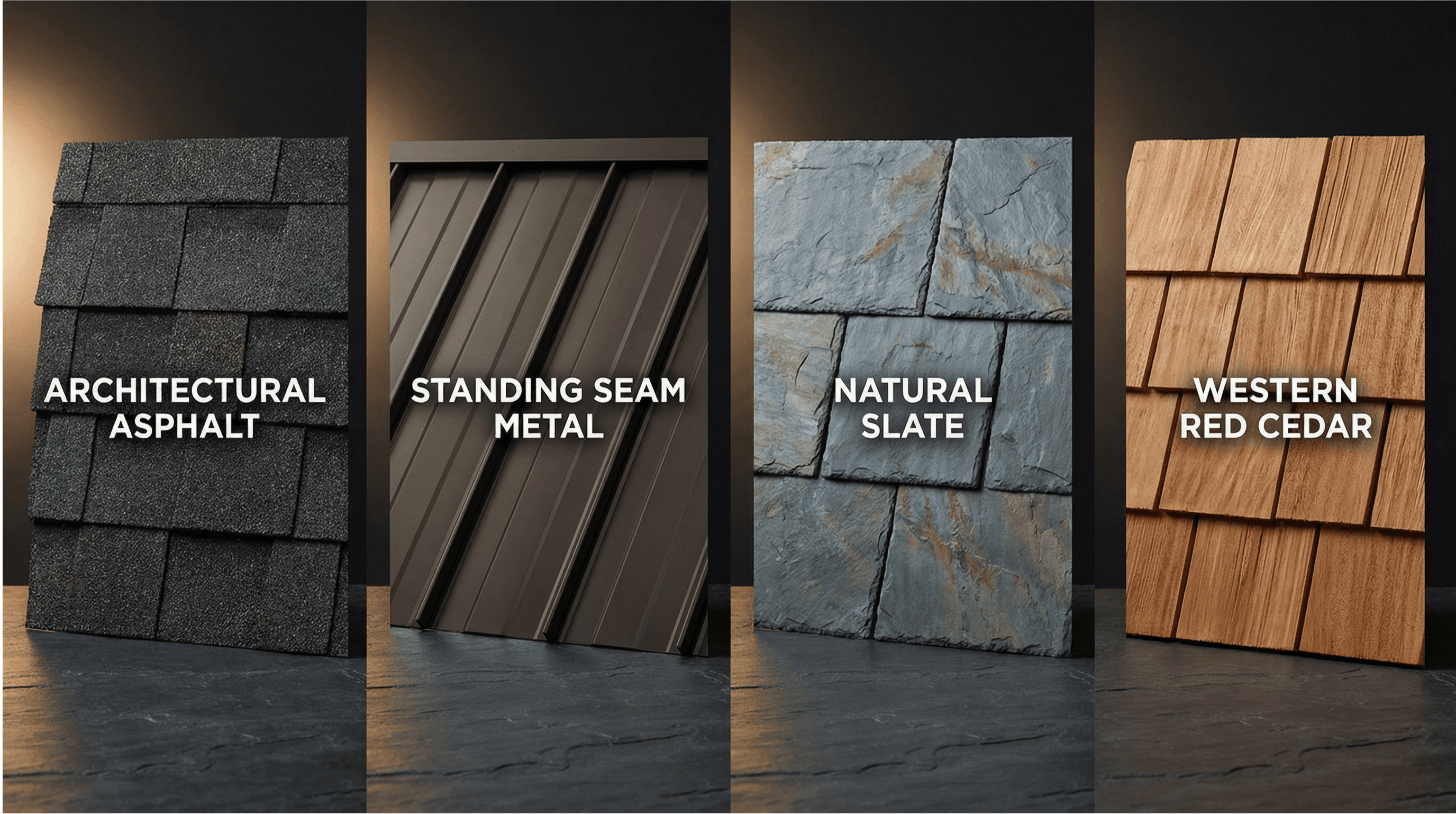 Premium roofing material samples: asphalt, metal, slate, and cedar options