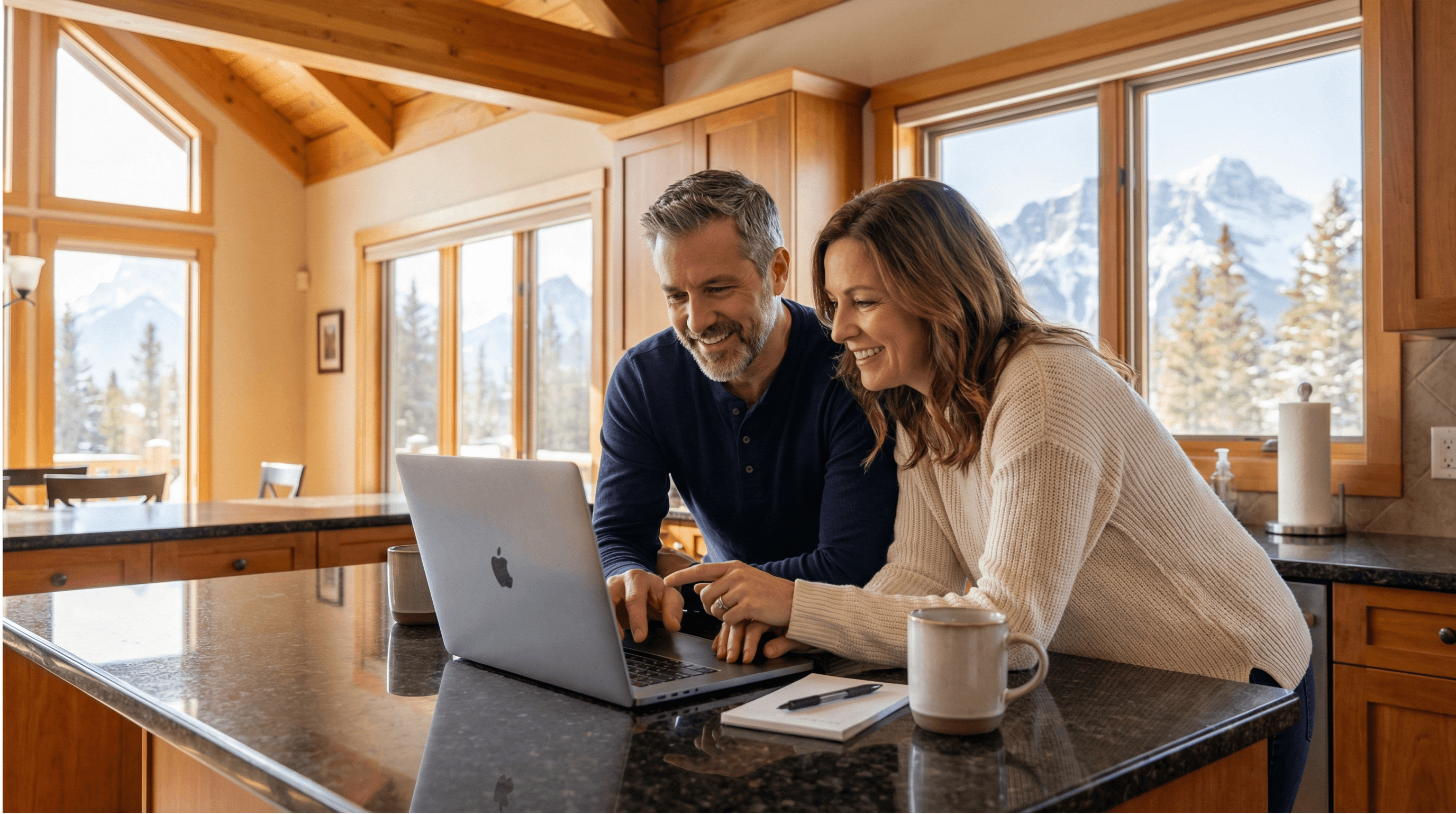 Homeowners reviewing their instant roofing estimate on a laptop