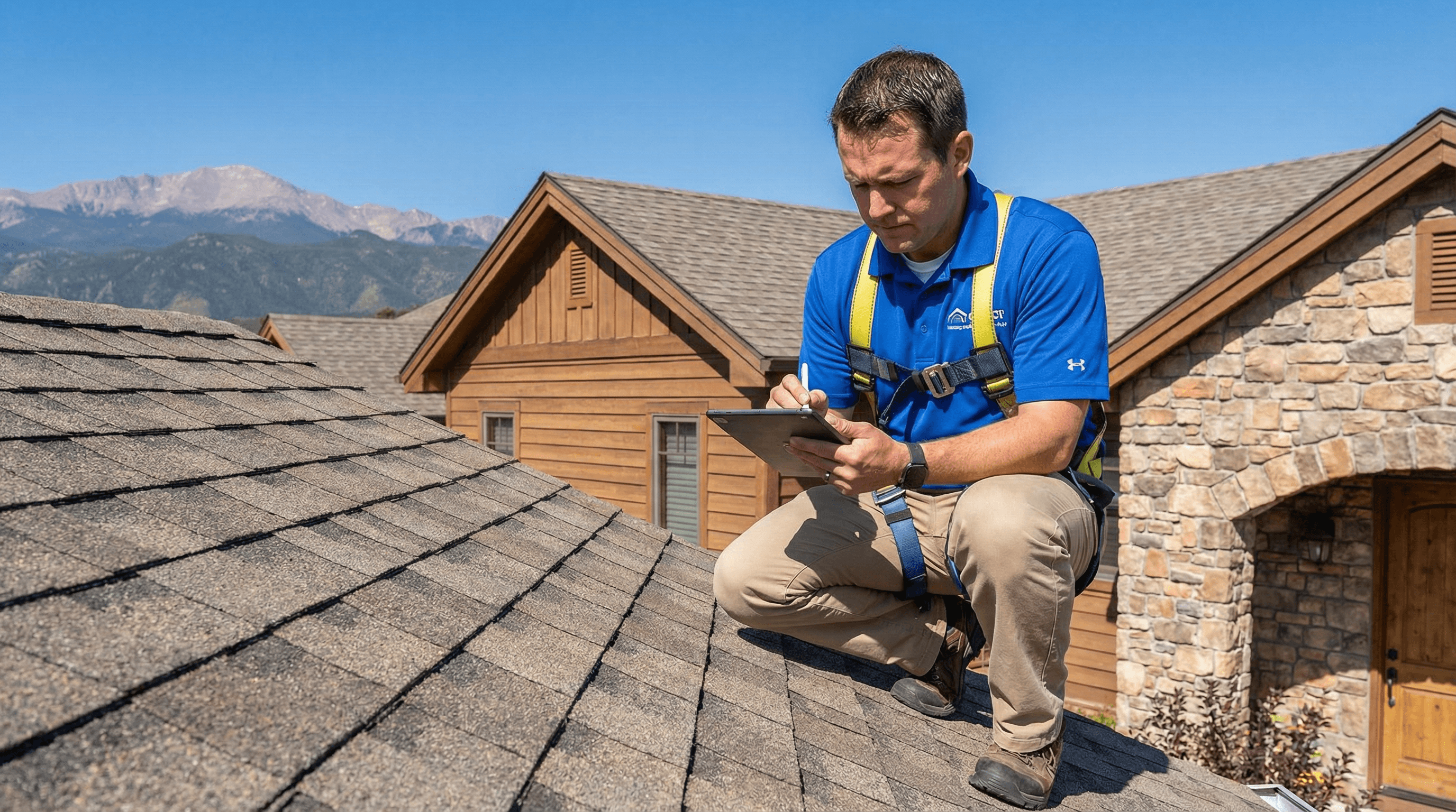 Professional roof inspection in Colorado mountains