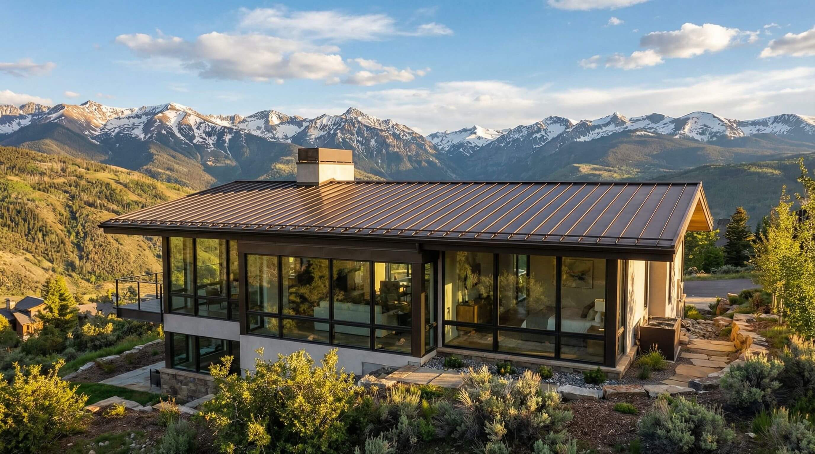 Modern home with sleek standing seam metal roofing installation
