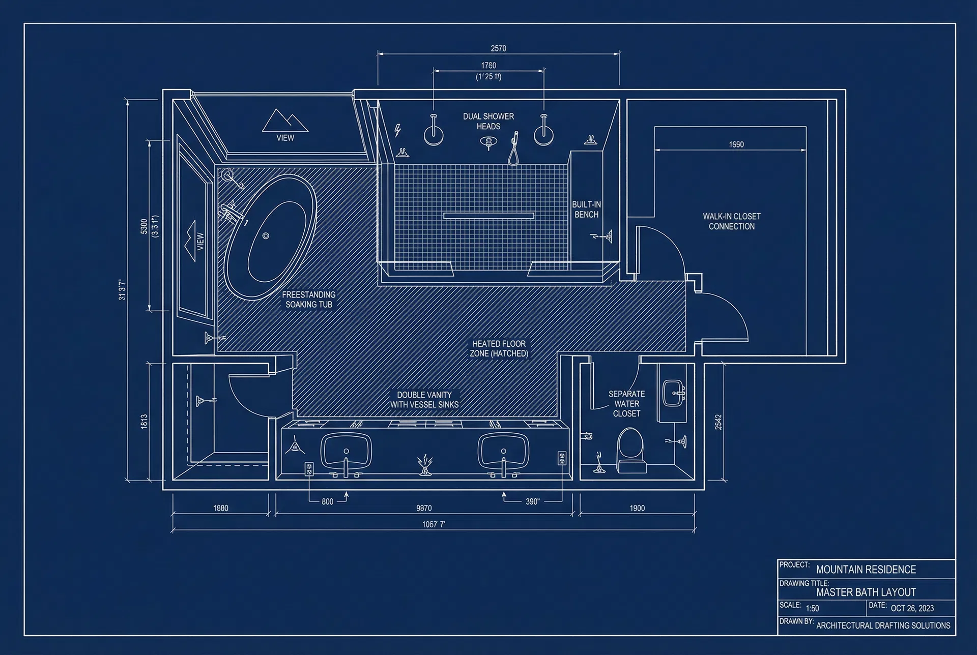 Master bathroom suite with freestanding soaking tub, dual-head walk-in shower, and heated floors
