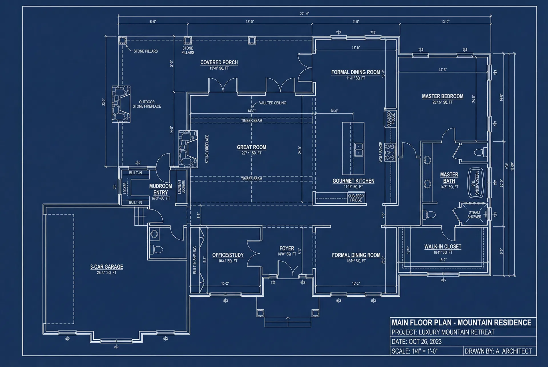 Main floor plan showing the open great room concept with vaulted ceilings requiring specialized roof framing