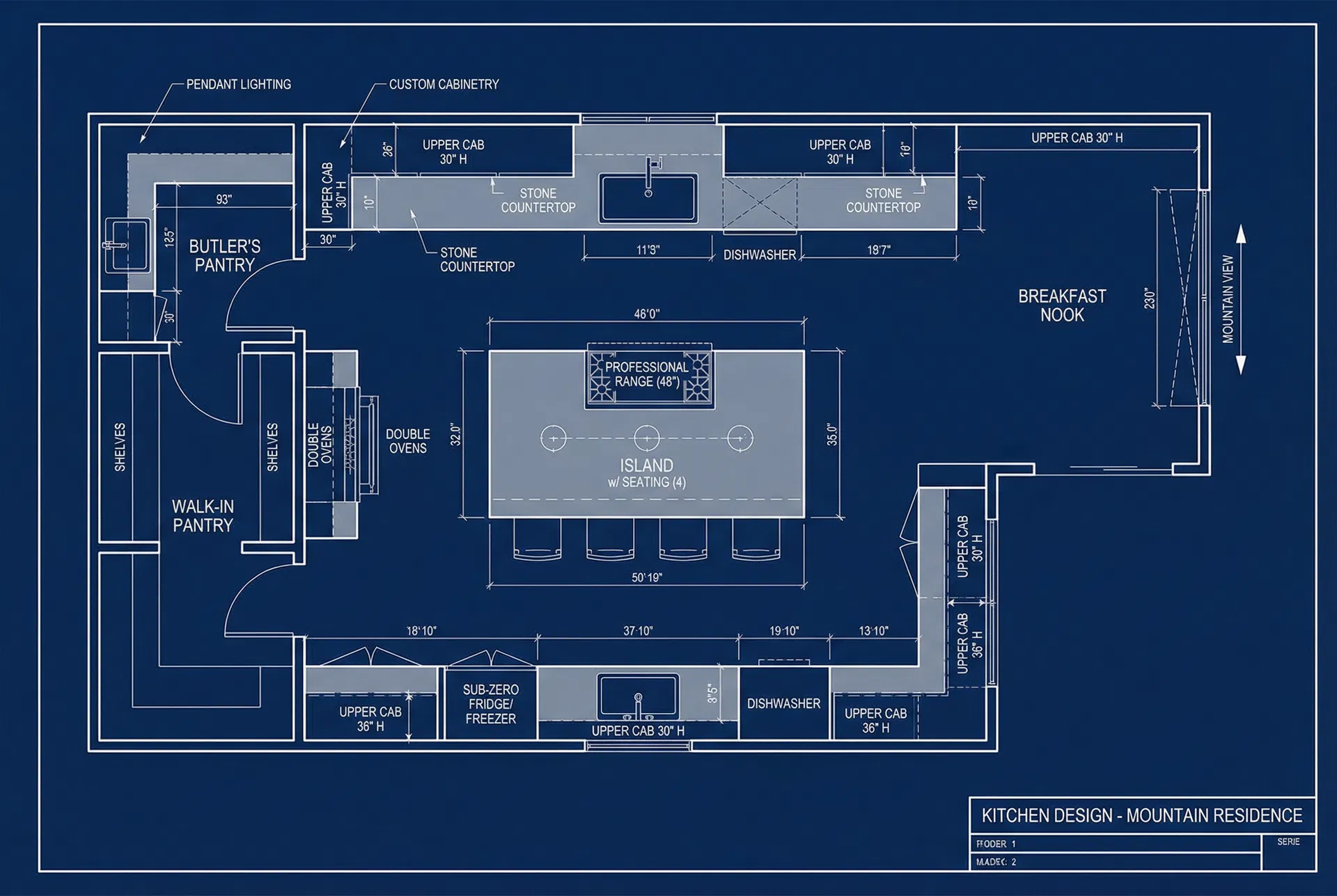 Gourmet kitchen design with professional-grade appliances and mountain view breakfast nook